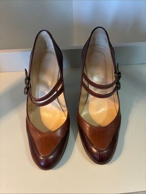 Classic Brown Two-Tone Mary Jane Heels with Double Straps
